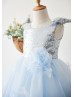 Silver Sequin Blue Tulle V Back Butterfly Flower Girl Dress